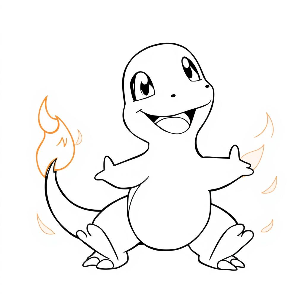A detailed line art illustration of Charmander, the adorable fire-type Pokémon