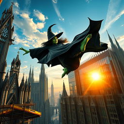 An imaginative scene featuring Elphaba from Wicked soaring through the sky, defying gravity with her iconic green skin and black witch attire