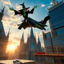 An imaginative scene featuring Elphaba from Wicked soaring through the sky, defying gravity with her iconic green skin and black witch attire