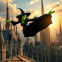 An imaginative scene featuring Elphaba from Wicked soaring through the sky, defying gravity with her iconic green skin and black witch attire