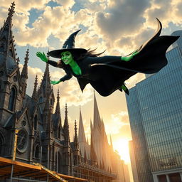 An imaginative scene featuring Elphaba from Wicked soaring through the sky, defying gravity with her iconic green skin and black witch attire