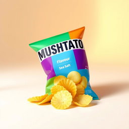 A visually appealing 3D rendering of a bag of 'MUSHTATO' potato chips, prominently featuring the sea salt flavor