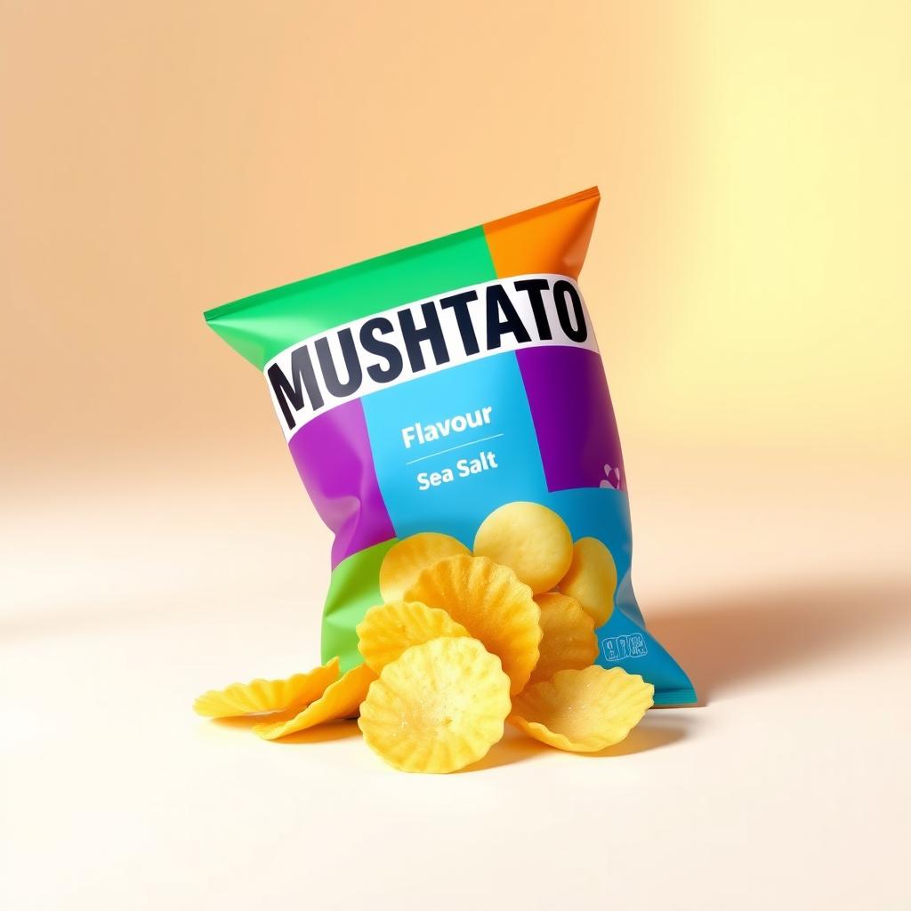 A visually appealing 3D rendering of a bag of 'MUSHTATO' potato chips, prominently featuring the sea salt flavor