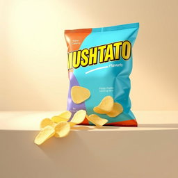 A visually appealing 3D rendering of a bag of 'MUSHTATO' potato chips, prominently featuring the sea salt flavor