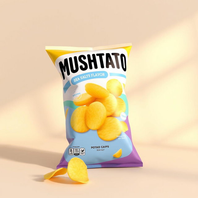 A visually appealing 3D rendering of a bag of 'MUSHTATO' potato chips, prominently featuring the sea salt flavor