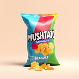 A visually appealing 3D rendering of a bag of 'MUSHTATO' potato chips, prominently featuring the sea salt flavor