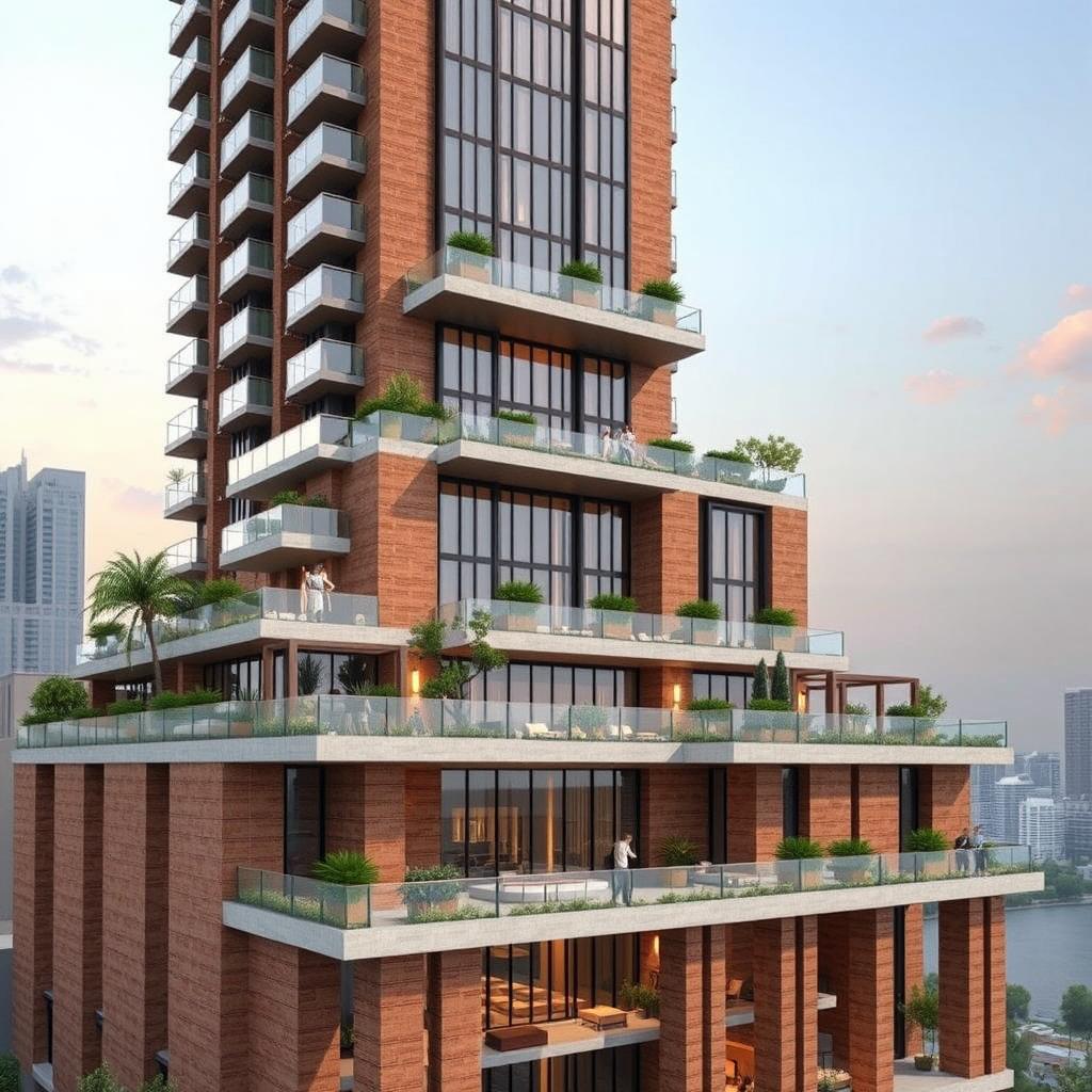 A stunning and striking 20-story modern skyscraper inspired by nature and Achaemenid architecture, with a focus on a breathtaking fourth and final level