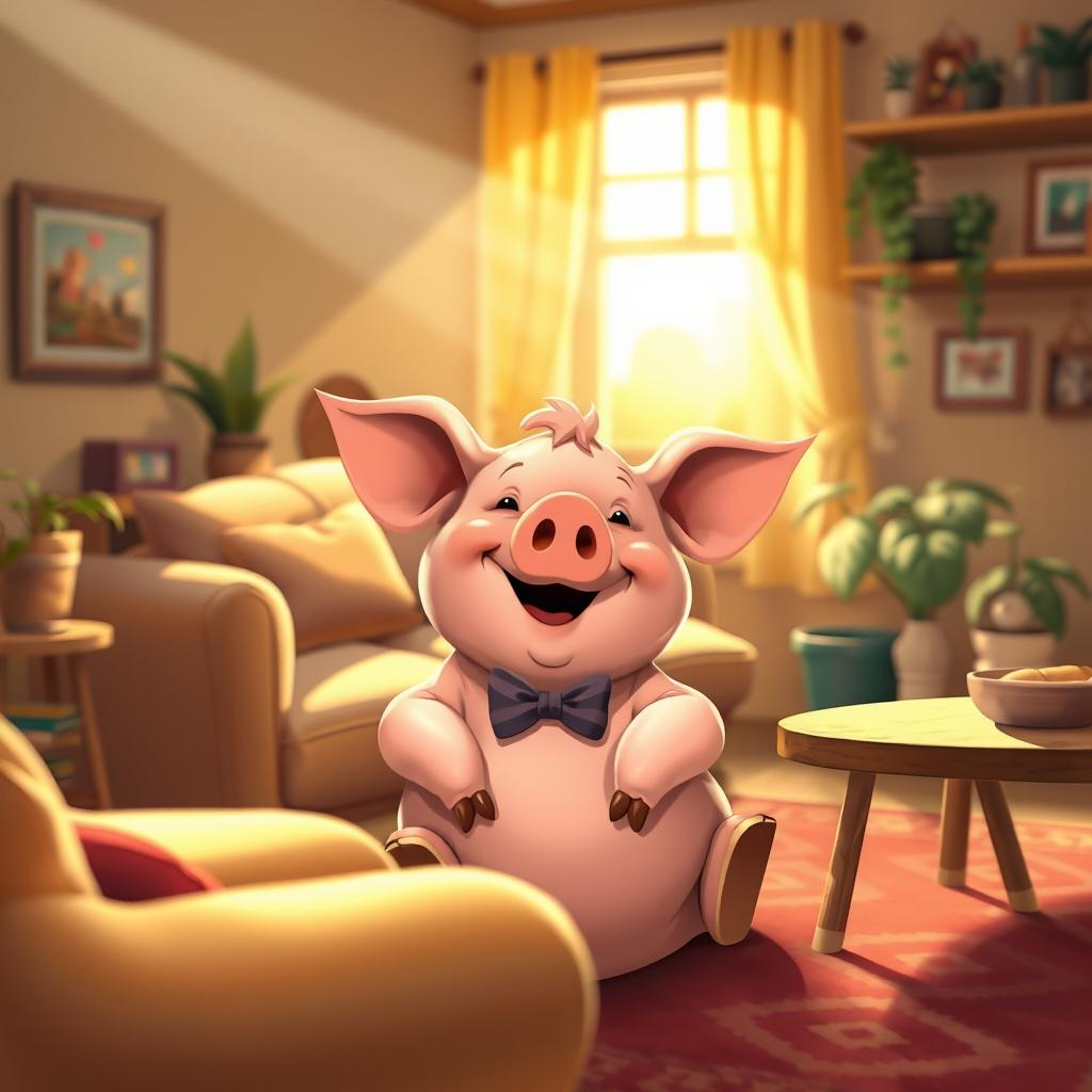 A charming and whimsical scene featuring a cheerful pig lounging in a cozy house