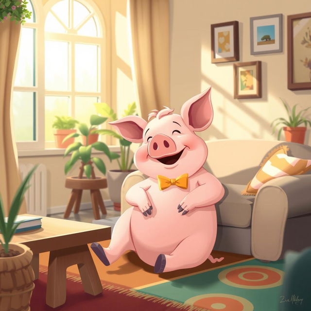 A charming and whimsical scene featuring a cheerful pig lounging in a cozy house
