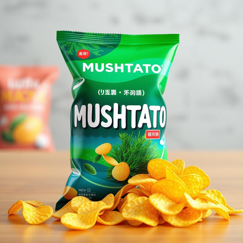 A 3D rendering of a unique potato chip bag labeled 'MUSHTATO' with a vibrant and eye-catching design