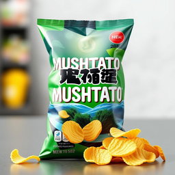 A 3D rendering of a unique potato chip bag labeled 'MUSHTATO' with a vibrant and eye-catching design
