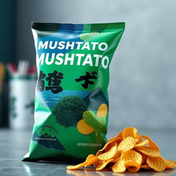 A 3D rendering of a unique potato chip bag labeled 'MUSHTATO' with a vibrant and eye-catching design