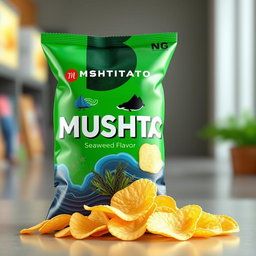 A 3D rendering of a unique potato chip bag labeled 'MUSHTATO' with a vibrant and eye-catching design