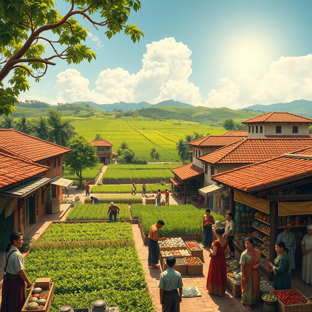 A historical scene depicting Spanish colonial rule in a vibrant village setting, where agriculture thrives with lush green fields, farmers tending to crops under a bright sun