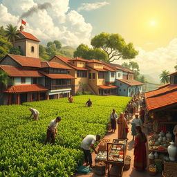 A historical scene depicting Spanish colonial rule in a vibrant village setting, where agriculture thrives with lush green fields, farmers tending to crops under a bright sun