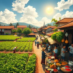 A historical scene depicting Spanish colonial rule in a vibrant village setting, where agriculture thrives with lush green fields, farmers tending to crops under a bright sun