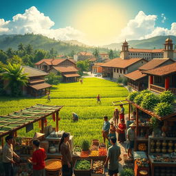 A historical scene depicting Spanish colonial rule in a vibrant village setting, where agriculture thrives with lush green fields, farmers tending to crops under a bright sun