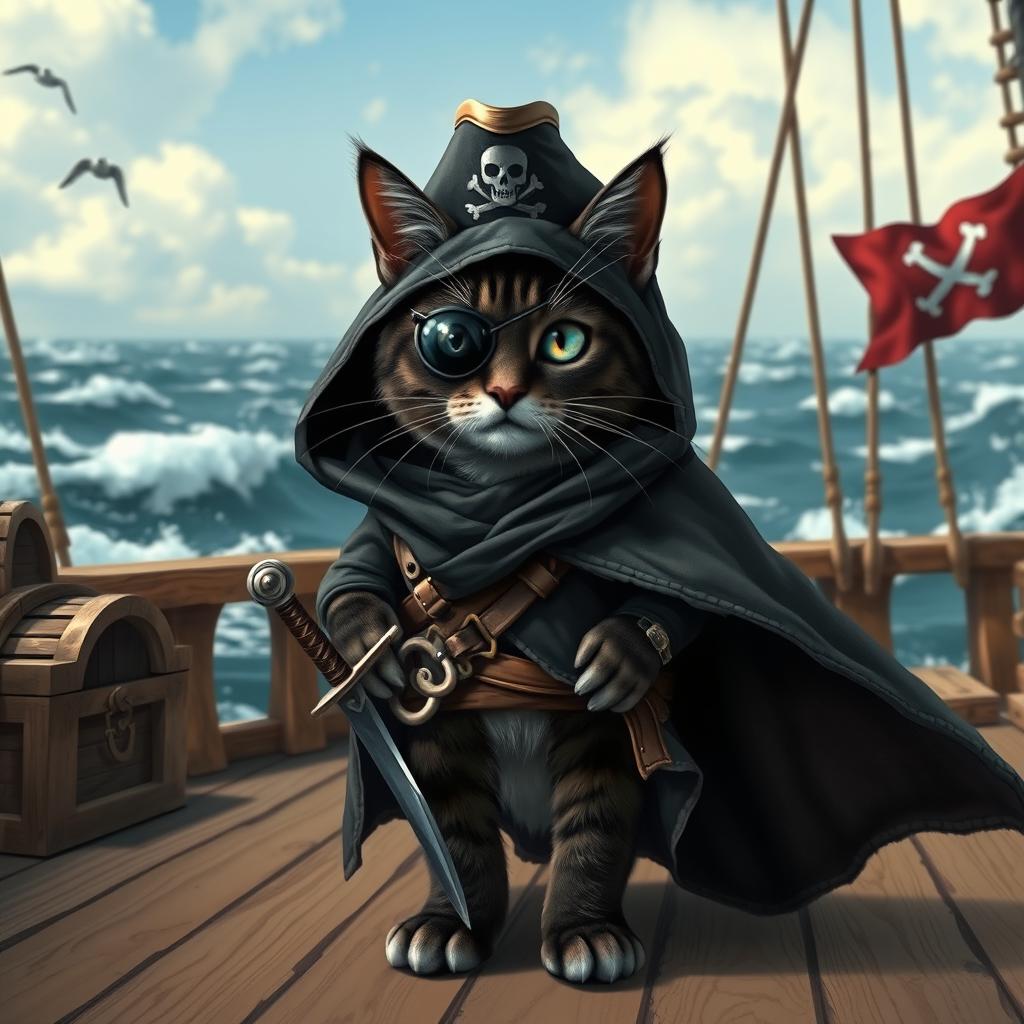 A black-footed cat dressed as a pirate, adorned in a flowing hooded cloak