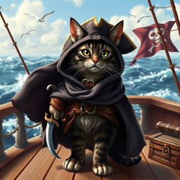 A black-footed cat dressed as a pirate, adorned in a flowing hooded cloak