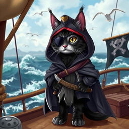 A black-footed cat dressed as a pirate, adorned in a flowing hooded cloak