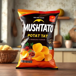 A 3D render of MUSHTATO potato chips, showcasing a vibrant, eye-catching bag with a bold design that emphasizes its rendang flavor