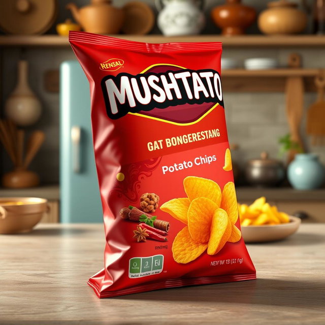 A 3D render of MUSHTATO potato chips, showcasing a vibrant, eye-catching bag with a bold design that emphasizes its rendang flavor