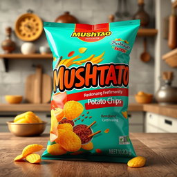 A 3D render of MUSHTATO potato chips, showcasing a vibrant, eye-catching bag with a bold design that emphasizes its rendang flavor