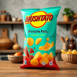 A 3D render of MUSHTATO potato chips, showcasing a vibrant, eye-catching bag with a bold design that emphasizes its rendang flavor