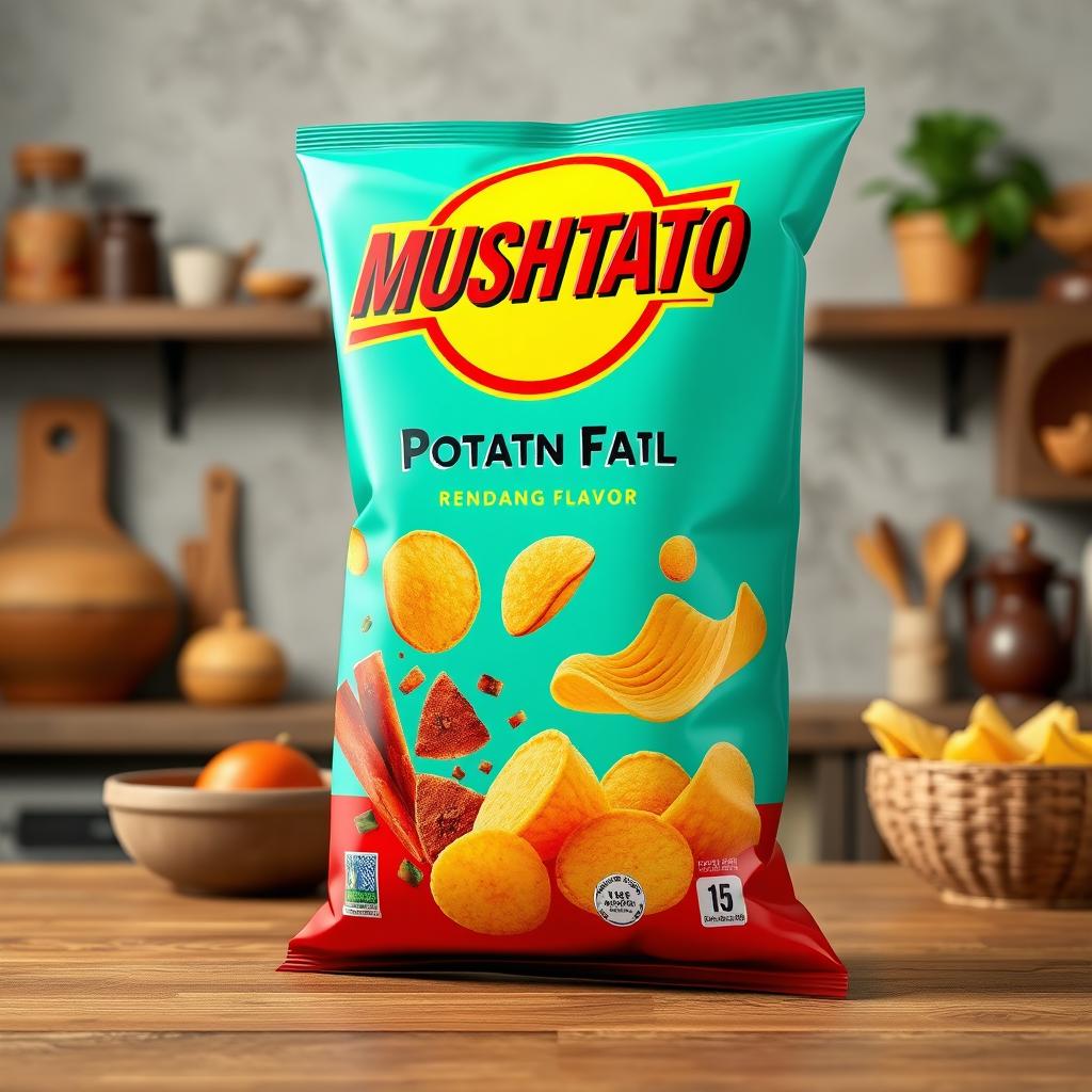 A 3D render of MUSHTATO potato chips, showcasing a vibrant, eye-catching bag with a bold design that emphasizes its rendang flavor