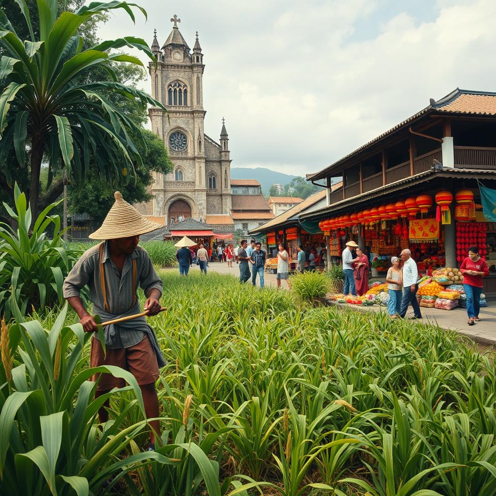 A historical scene depicting the Spanish colonial era in the Philippines, focusing on entrepreneurship limited to agriculture