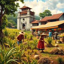 A historical scene depicting the Spanish colonial era in the Philippines, focusing on entrepreneurship limited to agriculture