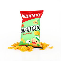 A 3D rendering of a stylishly designed bag of 'MUSHTATO' potato chips