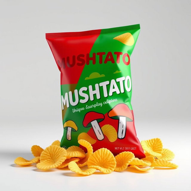 A 3D rendering of a stylishly designed bag of 'MUSHTATO' potato chips