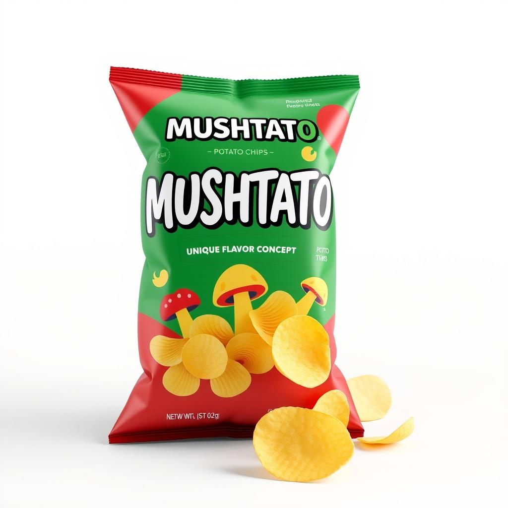 A 3D rendering of a stylishly designed bag of 'MUSHTATO' potato chips