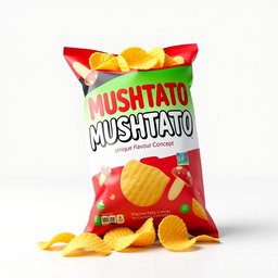 A 3D rendering of a stylishly designed bag of 'MUSHTATO' potato chips