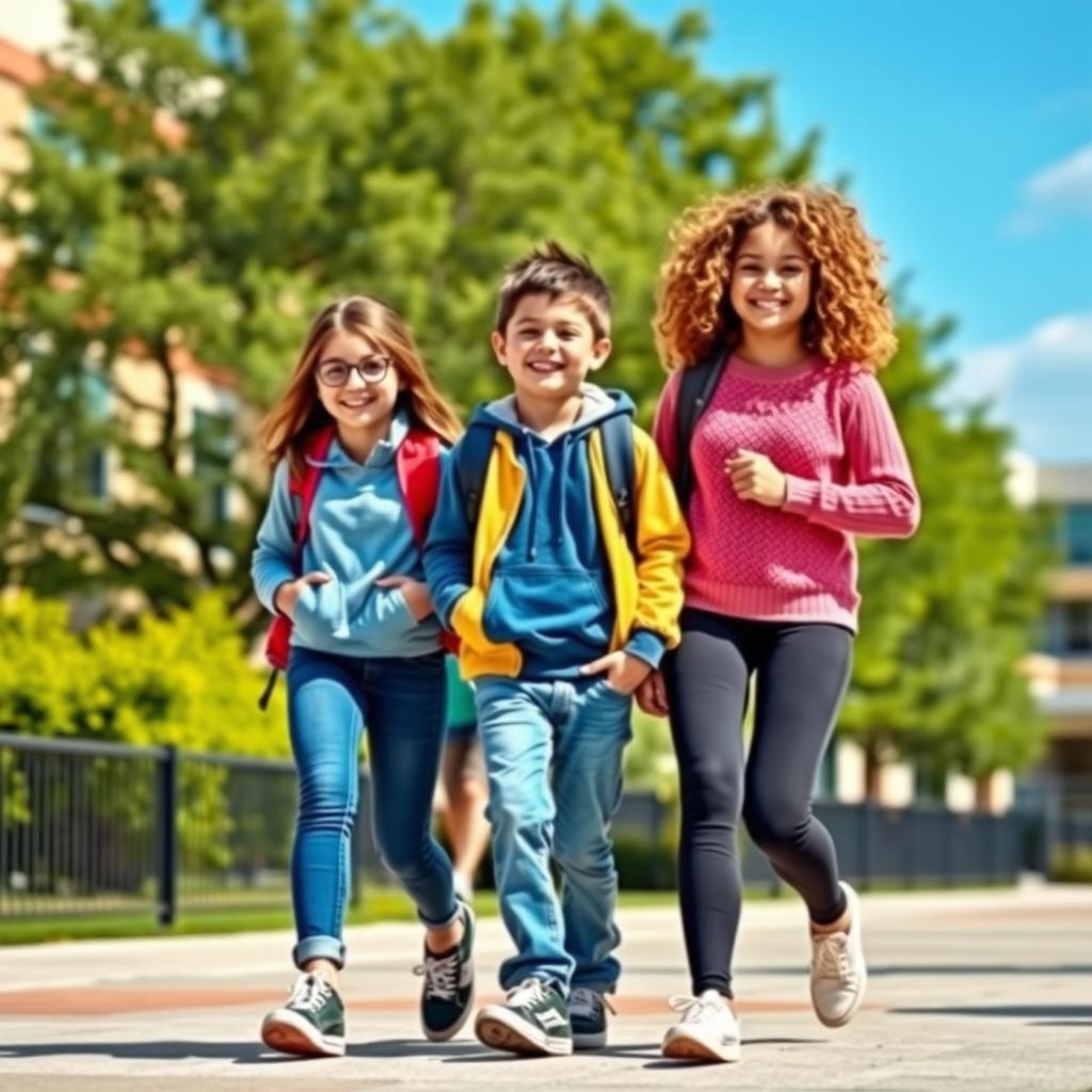 A vibrant school scene showcasing three friends happily walking to school together