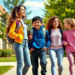 A vibrant school scene showcasing three friends happily walking to school together