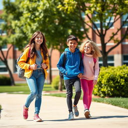 A vibrant school scene showcasing three friends happily walking to school together