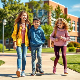 A vibrant school scene showcasing three friends happily walking to school together