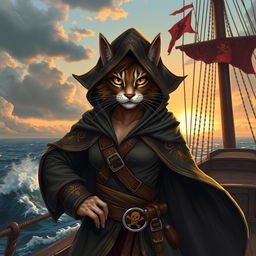 A fierce female cat pirate standing confidently on a ship's deck, adorned in a flowing hooded cloak that billows in the wind