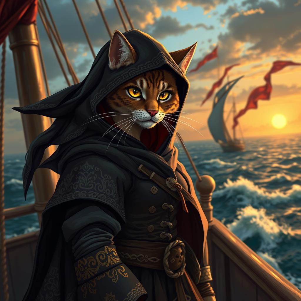 A fierce female cat pirate standing confidently on a ship's deck, adorned in a flowing hooded cloak that billows in the wind