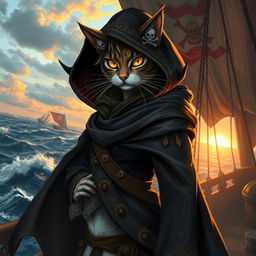 A fierce female cat pirate standing confidently on a ship's deck, adorned in a flowing hooded cloak that billows in the wind