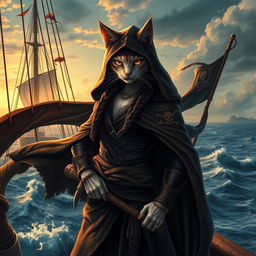 A fierce female cat pirate standing confidently on a ship's deck, adorned in a flowing hooded cloak that billows in the wind