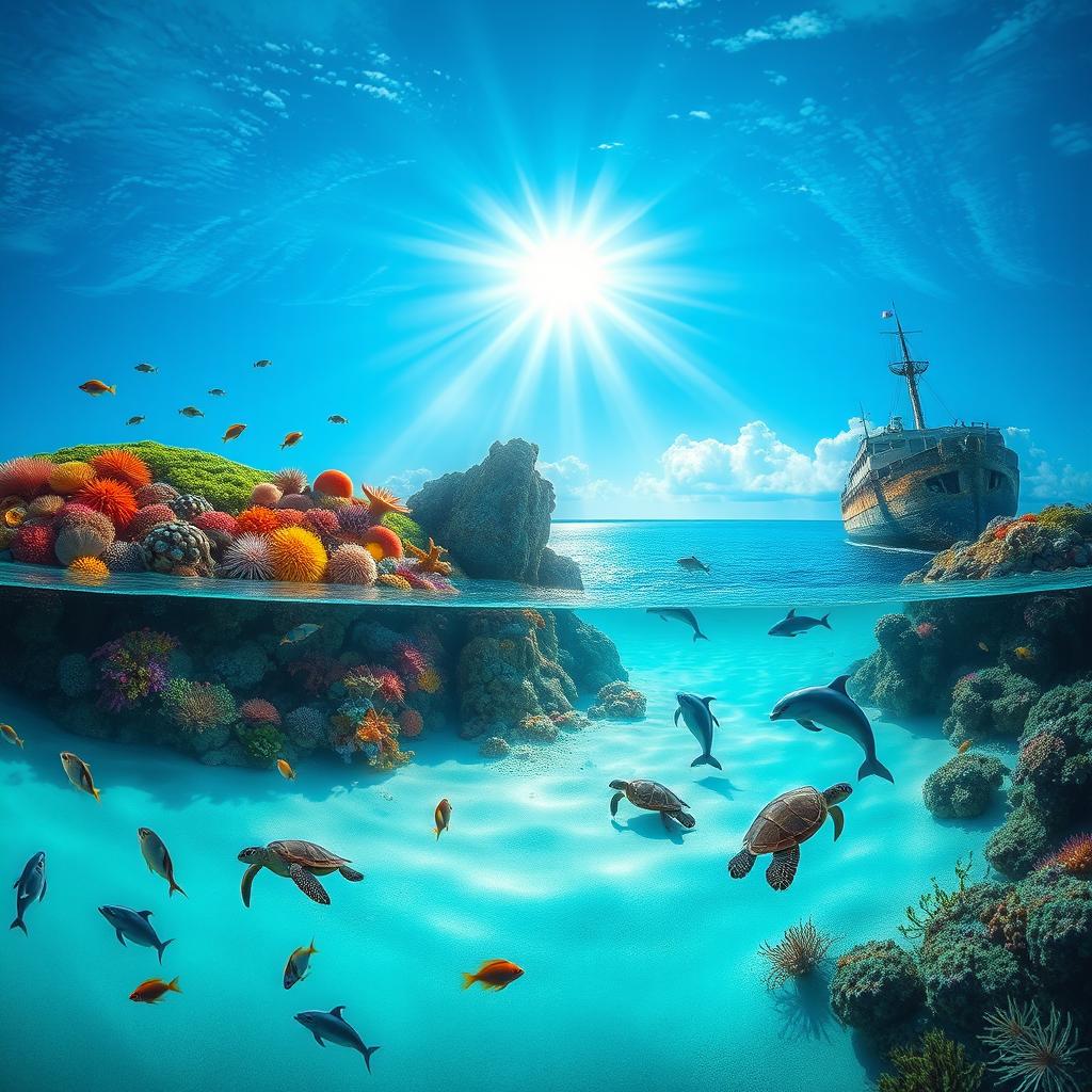A realistic undersea landscape featuring a bustling coral reef ecosystem, showcasing a variety of marine life including vividly colored tropical fish, elegant sea turtles, and swaying sea anemones