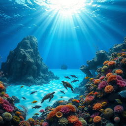 A realistic undersea landscape featuring a bustling coral reef ecosystem, showcasing a variety of marine life including vividly colored tropical fish, elegant sea turtles, and swaying sea anemones