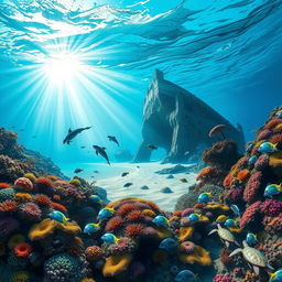 A realistic undersea landscape featuring a bustling coral reef ecosystem, showcasing a variety of marine life including vividly colored tropical fish, elegant sea turtles, and swaying sea anemones