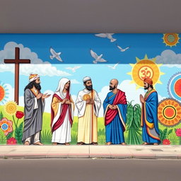 A vibrant mural depicting themes of religious moderation, showcasing a diverse group of individuals from various faiths such as Christianity, Islam, Buddhism, and Hinduism, standing together in harmony