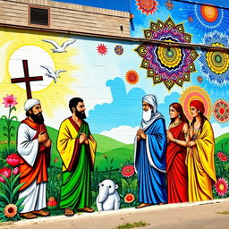 A vibrant mural depicting themes of religious moderation, showcasing a diverse group of individuals from various faiths such as Christianity, Islam, Buddhism, and Hinduism, standing together in harmony