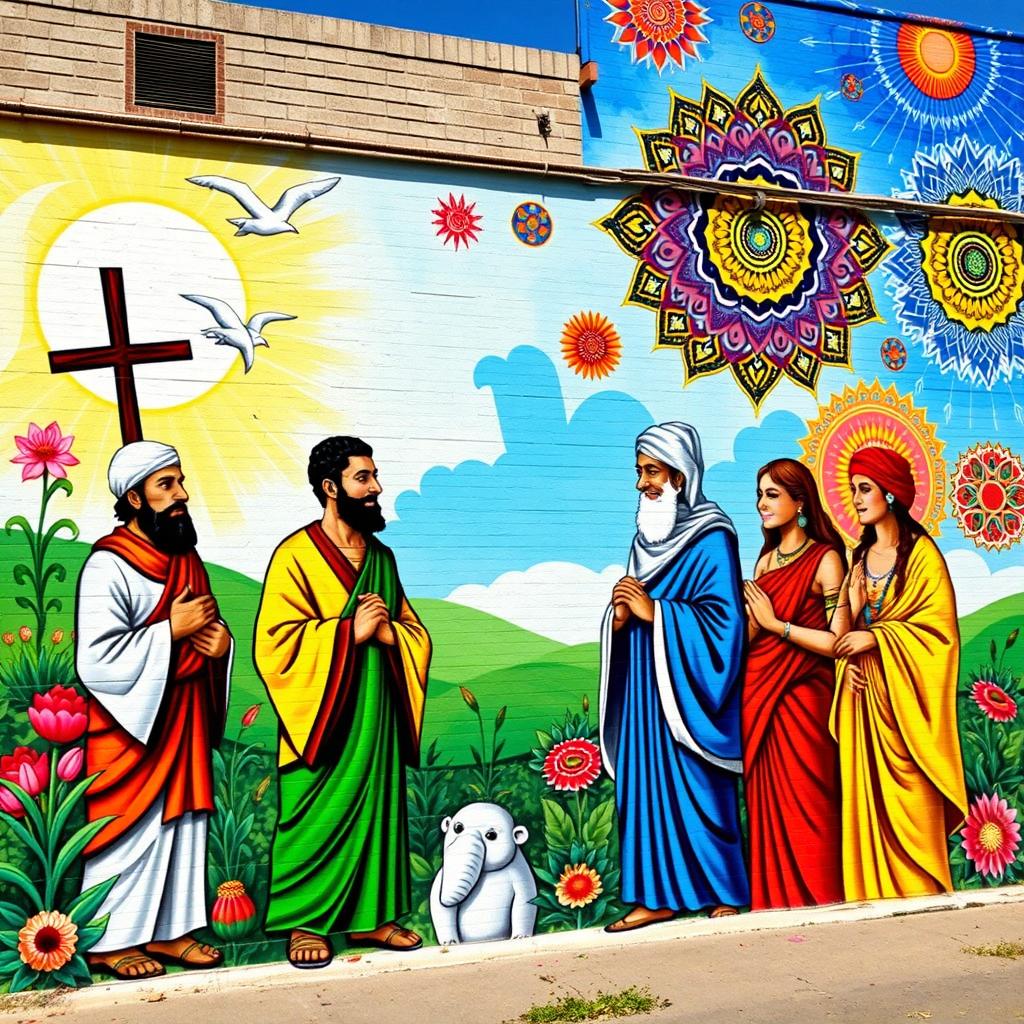 A vibrant mural depicting themes of religious moderation, showcasing a diverse group of individuals from various faiths such as Christianity, Islam, Buddhism, and Hinduism, standing together in harmony