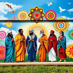 A vibrant mural depicting themes of religious moderation, showcasing a diverse group of individuals from various faiths such as Christianity, Islam, Buddhism, and Hinduism, standing together in harmony
